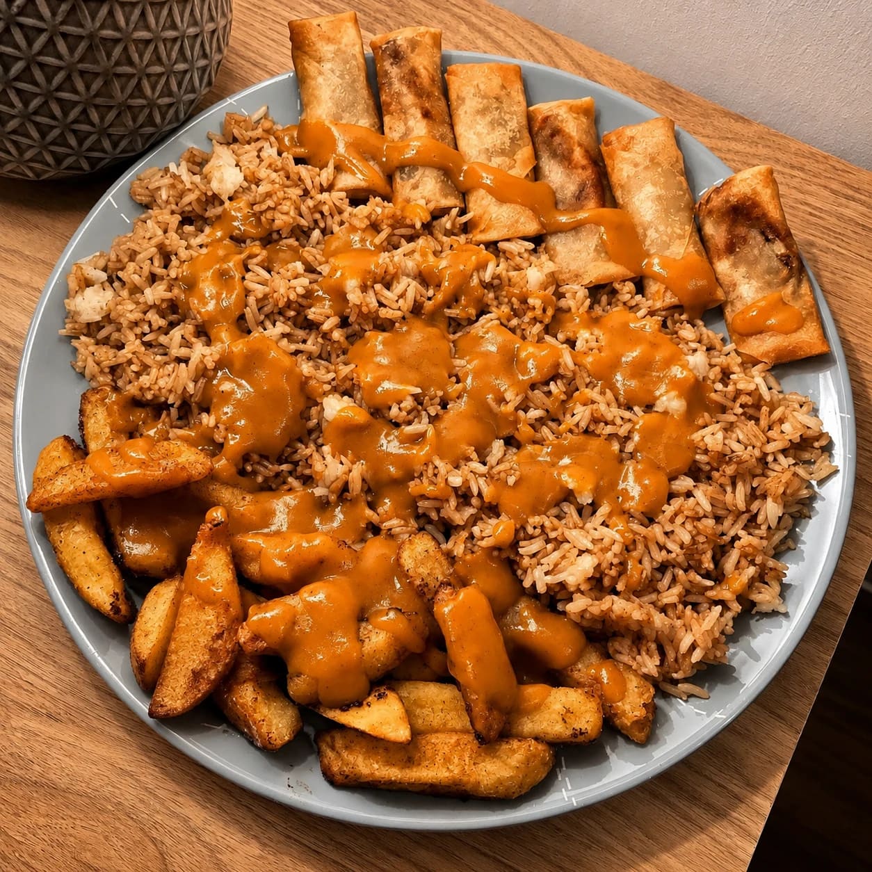 Chips, fried rice, curry sauce